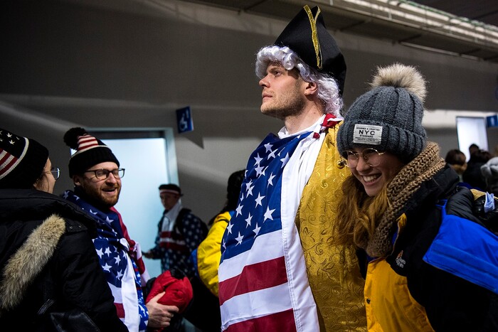 (Chris Detrick  |  The Salt Lake Tribune)  Dressed as George Washington, David Schuessler, of Ft. Lauderdale, poses for pictures during the United States vs Olympic Athletes from Russia hockey game at Gangneung Hockey Centre during the Pyeongchang 2018 Winter Olympics Saturday, Feb. 17, 2018. Olympic Athletes from Russia defeated United States 4-0.