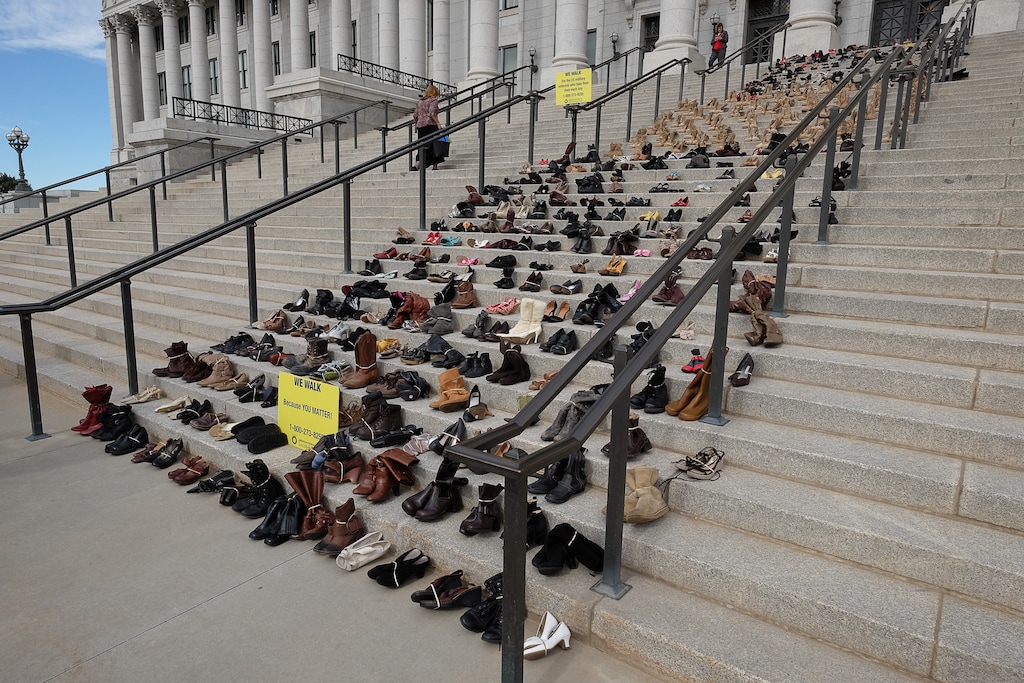 Francisco Kjolseth | The Salt Lake TribuneThe Utah Capitol steps are covered with 600 pairs of shoes on Tuesday, Feb. 21, 2017, representing the lives lost to suicide last year. SB37 sponsored by Sen. Daniel Thatcher, R-West Valley City, calls for a committee of mental health workers and physicians to create a suicide prevention hotline 24 hours a day.