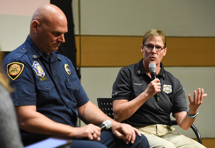 (Francisco Kjolseth | The Salt Lake Tribune) Salt Lake City Fire Capt. Mike Stevens and Sgt. Lisa Pascadlo, peer-support coordinator at the Salt Lake City Police Department join Tribune Editor Jennifer Napier-Pearce as she moderates a conversation with police officers and firefighters about mental health at the Salt Lake Public Library on Thursday, May 24, 2018.