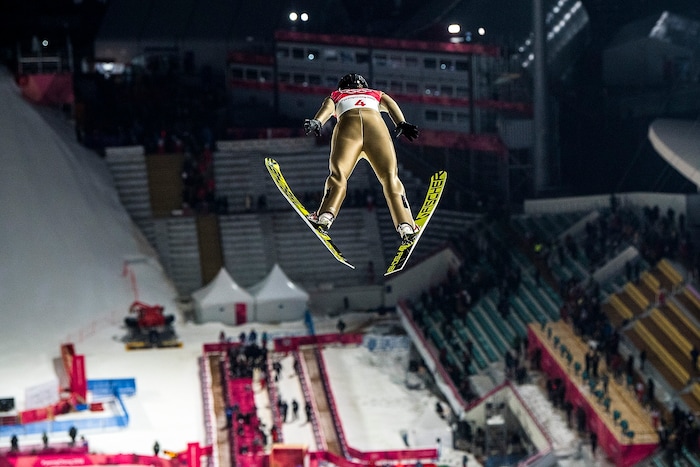 (Chris Detrick  |  The Salt Lake Tribune)  USA's Nita Englund competes in the Ladies' Normal Hill Individual at the Alpensia Ski Jumping during the Pyeongchang 2018 Winter Olympics Monday, February 12, 2018.  Englund finished in 31st place with a total of 57.9.