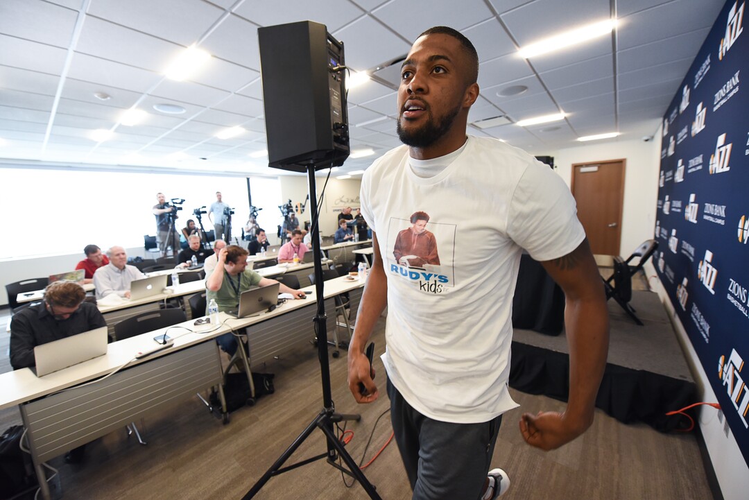 (Francisco Kjolseth  |  The Salt Lake Tribune)  Utah Jazz      forward Derrick Favors finishes up speaking with the media during exit interviews at their practice facility in Salt Lake City Wed., May 8, 2018, after losing to the Houston Rockets in game 5 of their Western Conference Semifinals during the 2018 NBA Playoffs.