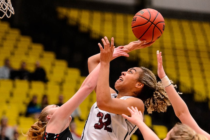 (Trent Nelson | The Salt Lake Tribune)
Hurricane vs. Mountain View, 4A State high school basketball tournament at Utah Valley University in Orem, Thursday March 1, 2018. Mountain View's Skye Lindsay (32) shoots.