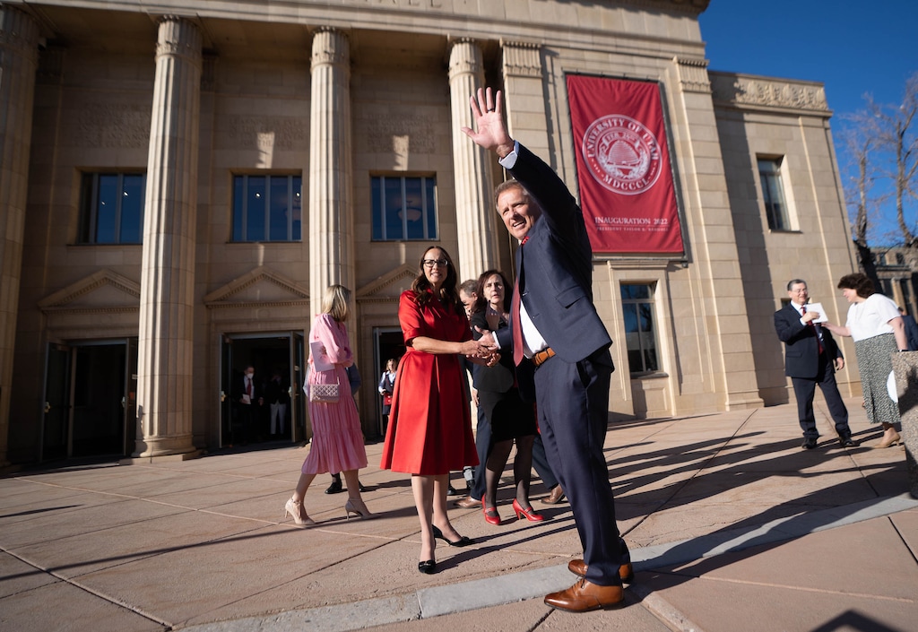 (Francisco Kjolseth | The Salt Lake Tribune) Taylor Randall and his wife, Janet, are greeted outside of Kingsbury Hall following his inauguration ceremony as University of Utah's 17th president on Wednesday, March 23, 2022.