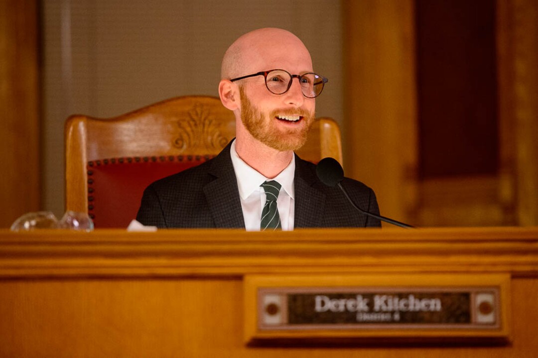 (Trent Nelson | The Salt Lake Tribune)  Outgoing Salt Lake City Council Member Derek Kitchen gives his farewell marks at the council meeting on Tuesday Nov. 27, 2018.