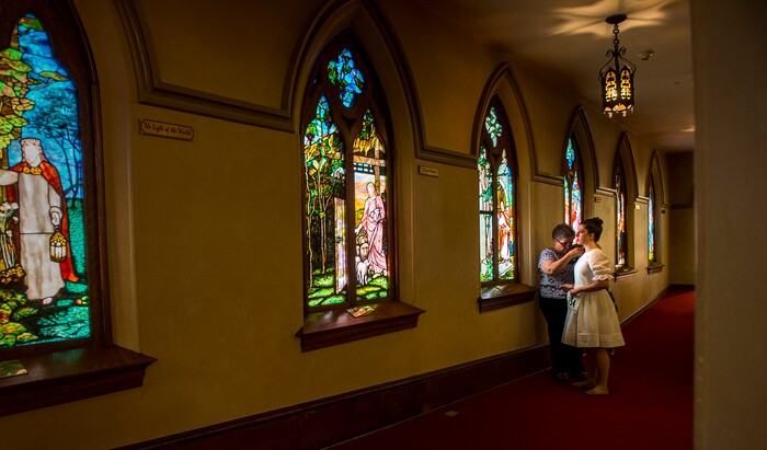 (Leah Hogsten  |  The Salt Lake Tribune) Emmelene Hovey gets help putting her Aboyne dance dress together during Saturday's Highland Dance Competition, October 28, 2017 at the First Presbyterian Church during its annual two-day Scottish Festival celebrating the Scottish heritage of the church. 