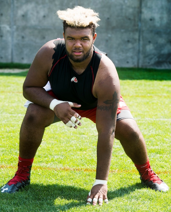 (Rick Egan  |  The Salt Lake Tribune)   Nick Ford, Utah, Offensive Lineman, Wednesday, Aug. 15, 2018.