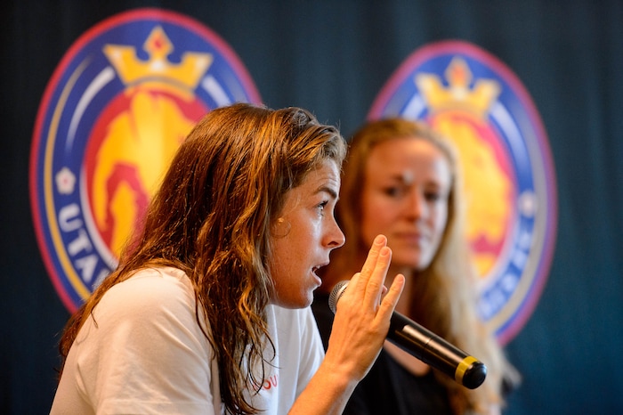 (Trent Nelson | The Salt Lake Tribune)
Utah Royals defenders Kelley O'Hara and Becky Sauerbrunn speak about their World Cup experiences at a news conference in Sandy on Wednesday July 17, 2019.