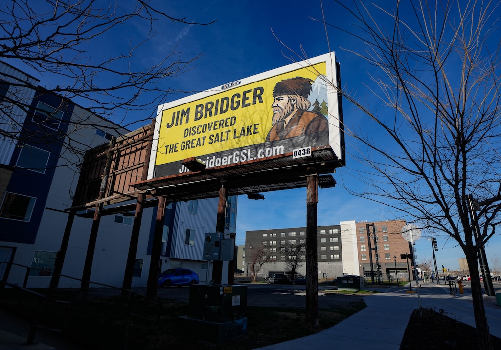 (Francisco Kjolseth | The Salt Lake Tribune) A billboard claiming Jim Bridger discovered the Great Salt Lake is pictured in the Central 9th neighborhood of Salt Lake City on Thursday, March 12, 2026.
