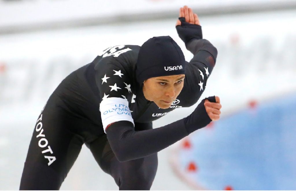 United States' Brittany Bowe competes in the women's 1,000 meters during the world single distances speedskating championships Saturday, Feb. 15, 2020, in Kearns, Utah.  Bowe is expected to be back on the ice at Utah Olympic Oval this weekend. (AP Photo/Rick Bowmer)
