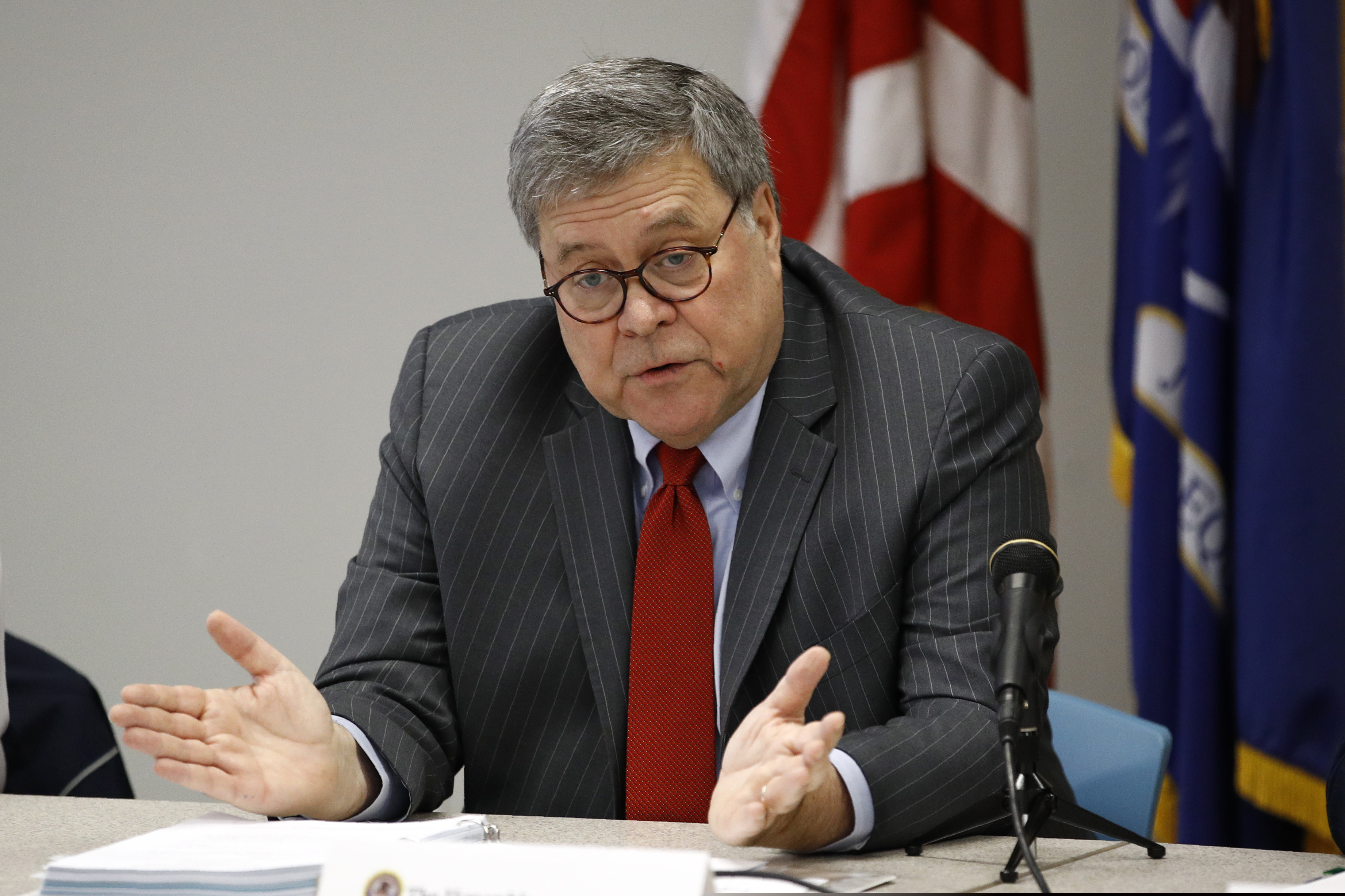 (Patrick Semansky | AP Photo) Attorney General William Barr speaks at a roundtable with members of local, state and federal law enforcement agencies at the Cleveland Police Department's Third District station, Thursday, Nov. 21, 2019, in Cleveland.