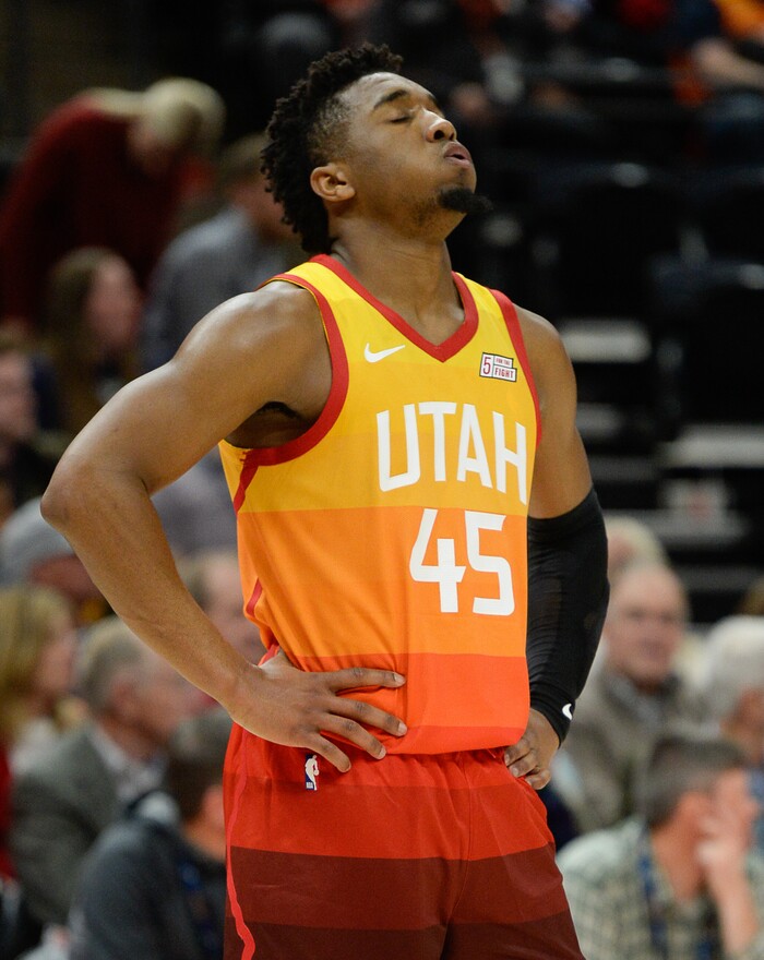 (Francisco Kjolseth  |  The Salt Lake Tribune)  Utah Jazz guard Donovan Mitchell (45) shows his frustration as the final seconds count down to a 110 to 119 loss to the Sacramento Kings during the second half of the NBA game at Vivint Smart Home Arena Wed., Nov. 21, 2018, in Salt Lake City.