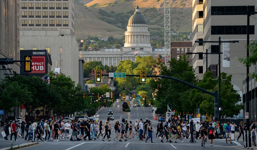 (Francisco Kjolseth  |  The Salt Lake Tribune) Demonstrators protest against police brutality on Tuesday, June 2, 2020, in downtown Salt Lake City, as an 8 p.m. weeklong curfew remains in order.