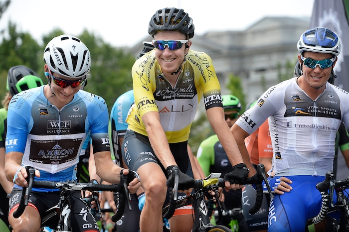 (Scott Sommerdorf   |  The Salt Lake Tribune)   Race leader, and eventual winner, Robert Britton, center, waits at the starting line for the start of the 2017 Tour of Utah, Sunday, August 6, 2017.  