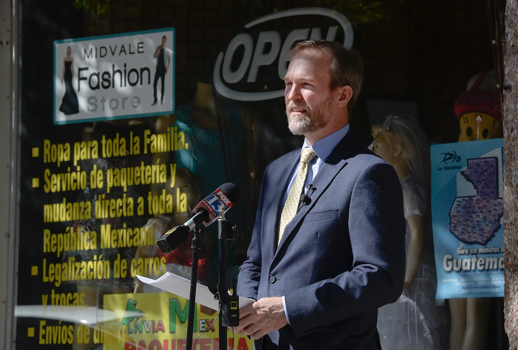 (Francisco Kjolseth  |  The Salt Lake Tribune) Congressman Ben McAdams, D-Utah, holds a press conference on Midvale City's Main Street amongst shuttered businesses on Wednesday, April 29, 2020, as he calls for the Treasury Department and the Small Business Administration to release the complete list of who has received the nearly $700 billion in taxpayer-funded loans, which Congress intended for employers to keep employees on the payroll during the economic shutdown.