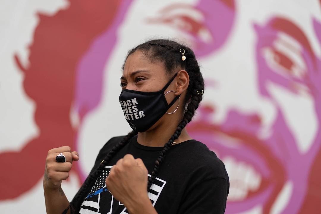 (Francisco Kjolseth | The Salt Lake Tribune) Rae Duckworth has been named the new leader of Black Lives Matter Utah after Lex Scott stepped down and left the state, as she speaks about her new role on Tuesday, Aug. 17, 2021, alongside a mural of her cousin Bobby Duckworth who was killed by police.