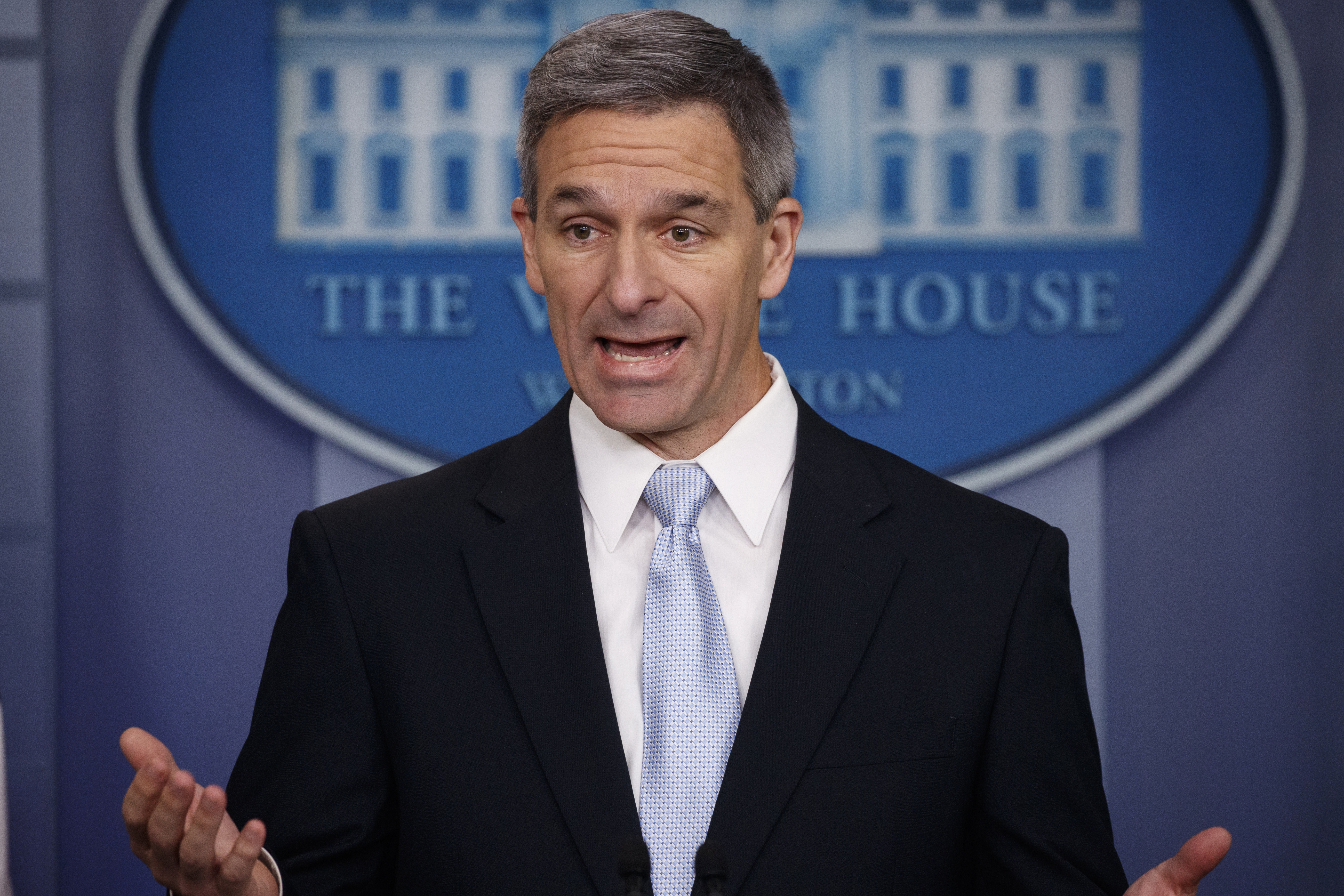 Acting Director of United States Citizenship and Immigration Services Ken Cuccinelli, speaks during a briefing at the White House, Monday, Aug. 12, 2019, in Washington. (AP Photo/Evan Vucci)