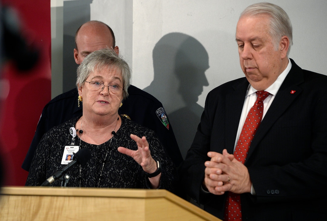 (Scott Sommerdorf   |  The Salt Lake Tribune)   Margaret Pearce, Chief of Nursing at the University of Utah Hospital speaks at a press conference held at the U of U Medical Center regarding policy changes resulting from the arrest of nurse Alex Wubbels, Monday, September 4, 2017. 