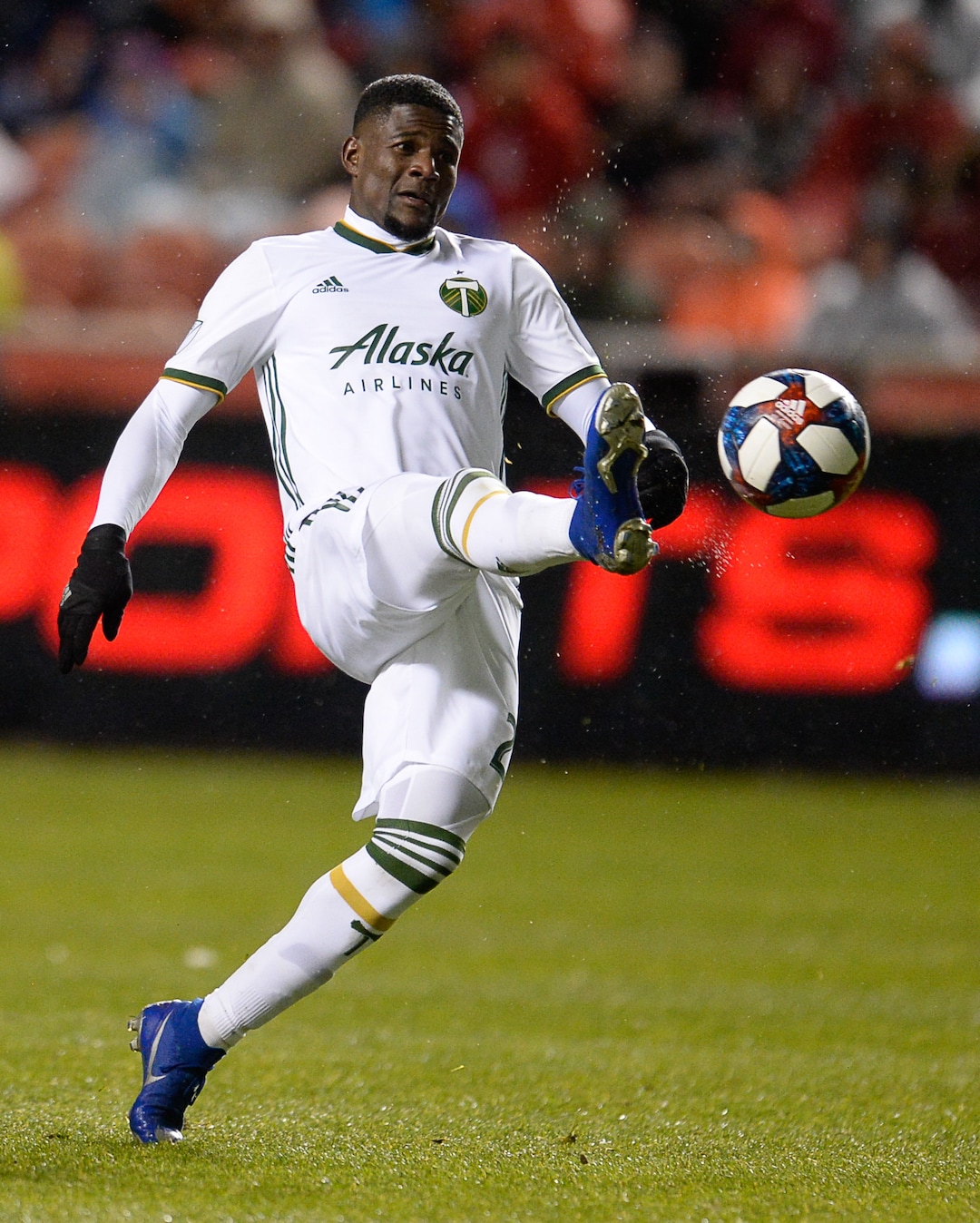 (Francisco Kjolseth  |  The Salt Lake Tribune)  Portland Timbers forward Dairon Asprilla (27) battles wet conditions as Real Salt Lake and the Portland Timbers play in their first MLS playoff game at Rio Tinto Stadium in Sandy, Utah on Saturday, Oct. 19, 2019.