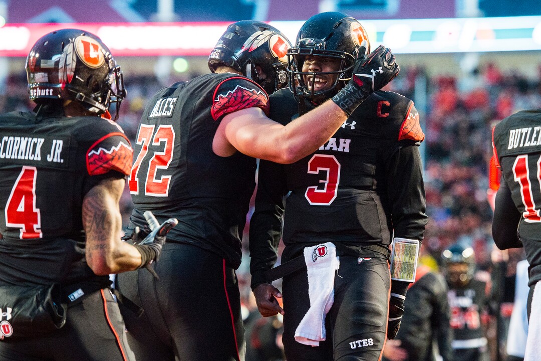 Chris Detrick  |  The Salt Lake TribuneUtah Utes offensive lineman Garett Bolles (72) and Utah Utes quarterback Troy Williams (3) celebrate after Williams' touchdown during the first half of the game at Rice-Eccles Stadium Friday September 23, 2016. 