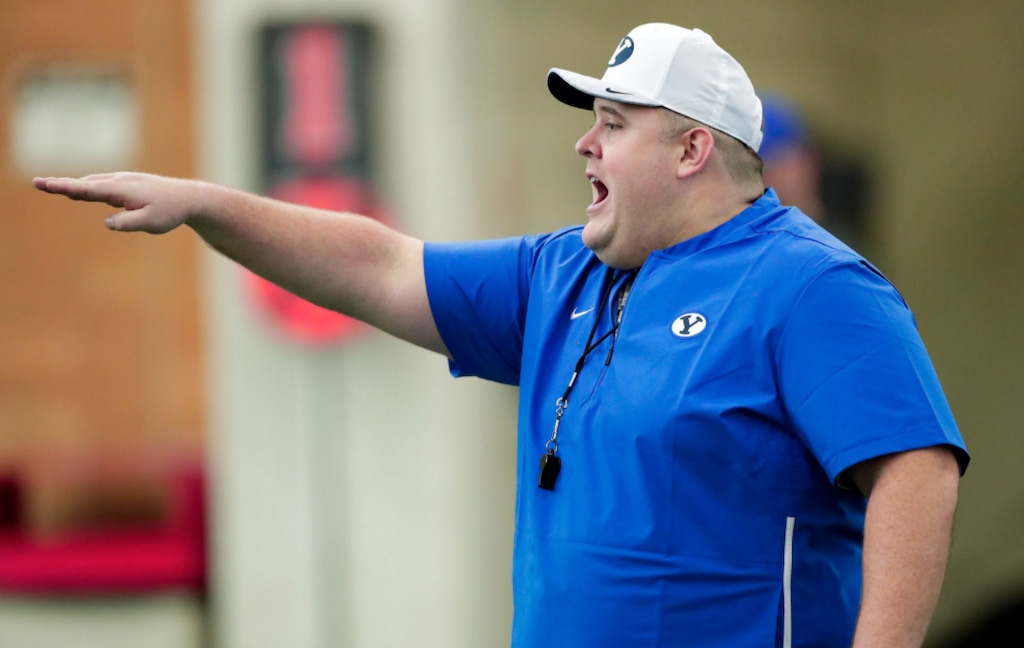 New BYU offensive line coach Eric Mateos at the Cougars' spring practice on Monday, March 4, 2019. (Photo courtesy of Jaren Wilkey, BYU photo).