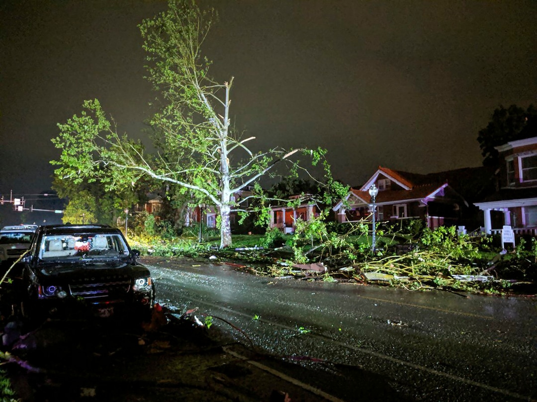 (Photo courtesy of Stechshultsy via AP) This image posted on Twitter account of Stechshultsy shows tornado-hit Jefferson City. MO., Thursday, May 23, 2019. The National Weather Service has confirmed a large and destructive tornado has touched down in Missouri's state capital, causing heavy damage and trapping multiple people in the wreckage of their homes.