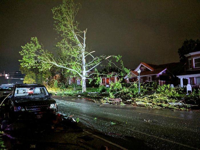 (Photo courtesy of Stechshultsy via AP) This image posted on Twitter account of Stechshultsy shows tornado-hit Jefferson City. MO., Thursday, May 23, 2019. The National Weather Service has confirmed a large and destructive tornado has touched down in Missouri's state capital, causing heavy damage and trapping multiple people in the wreckage of their homes.