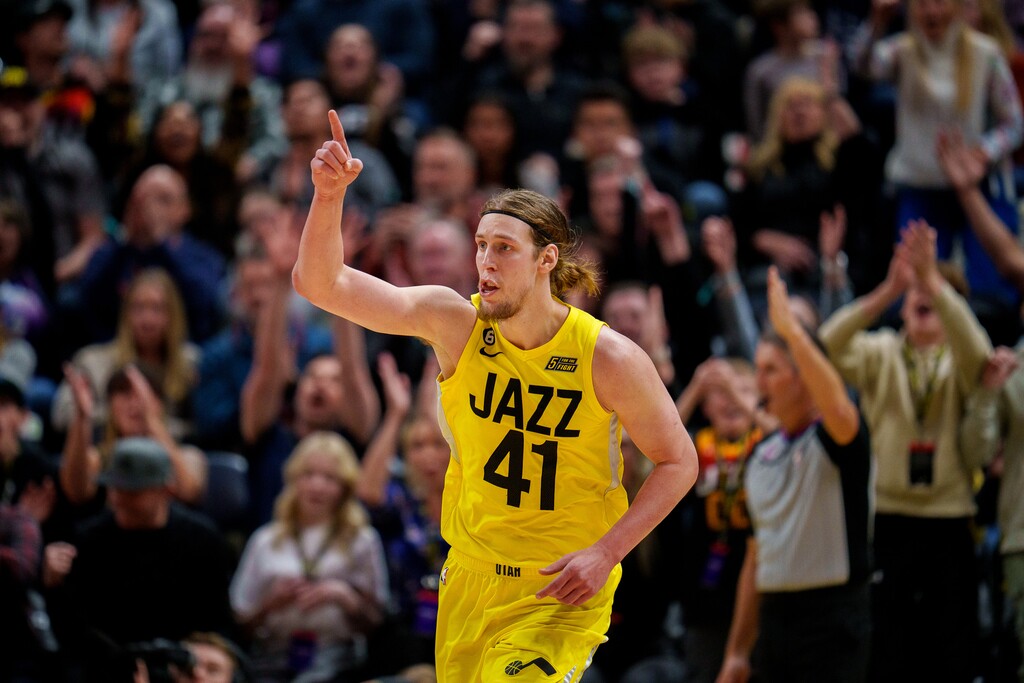 (Trent Nelson  |  The Salt Lake Tribune) Utah Jazz forward Kelly Olynyk (41) celebrates a three-pointer in the final 94 seconds of the game, as the Utah Jazz host the Sacramento Kings, NBA basketball in Salt Lake City on Monday, March 20, 2023.