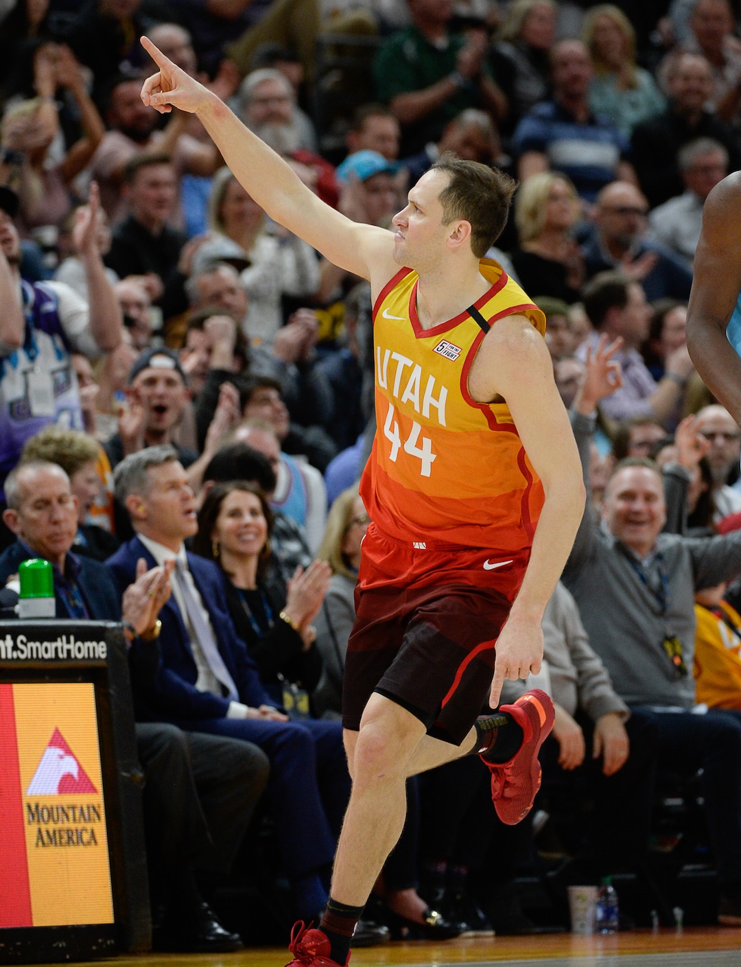 (Francisco Kjolseth  |  The Salt Lake Tribune) Utah Jazz forward Bojan Bogdanovic (44) celebrates a three pointer in the final minutes as the Utah Jazz host the Miami Heat in their NBA basketball game at Vivint Smart Home Arena in Salt Lake City on Wednesday, Feb. 12, 2020. Jazz won 116-101.