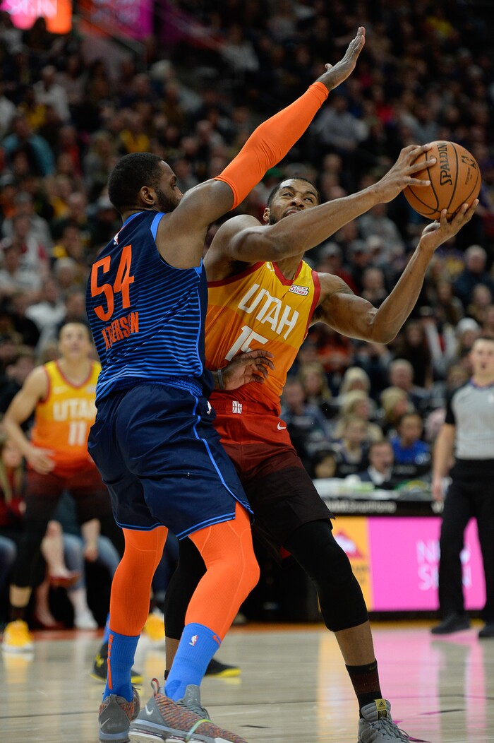 (Francisco Kjolseth  |  The Salt Lake Tribune)   Oklahoma City Thunder forward Patrick Patterson (54) pressures Utah Jazz forward Derrick Favors (15) in the NBA game at Vivint Smart Home Arena Sat., Dec. 22, 2018, in Salt Lake City.
