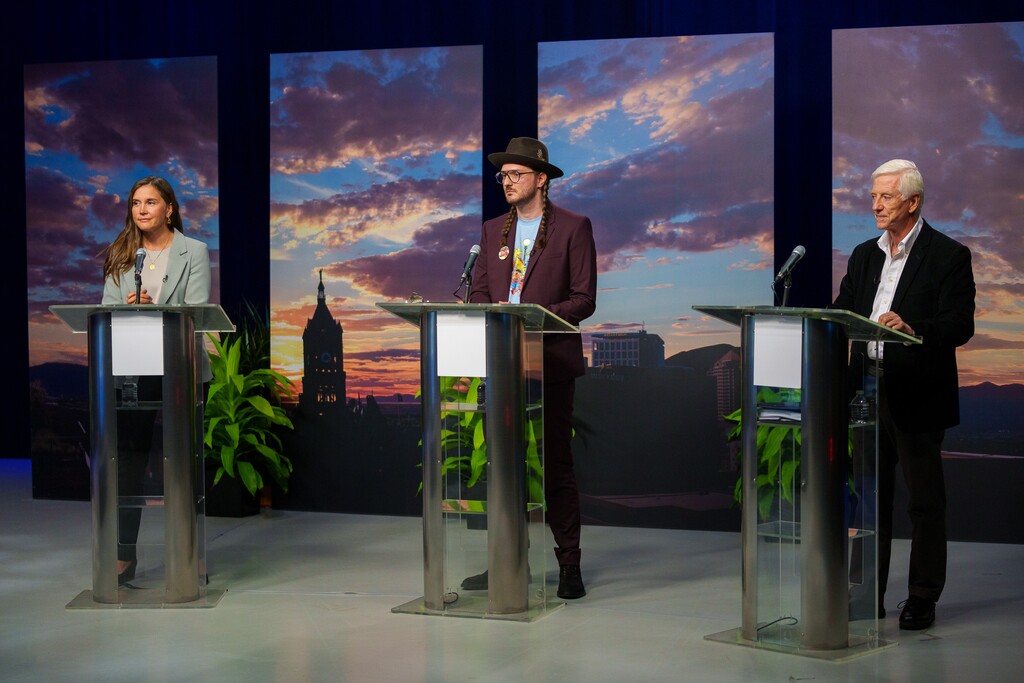(Trent Nelson  |  The Salt Lake Tribune) Mayor Erin Mendenhall, Michael Valentine and former Mayor Rocky Anderson face off in a debate on Wednesday, Oct. 4, 2023.