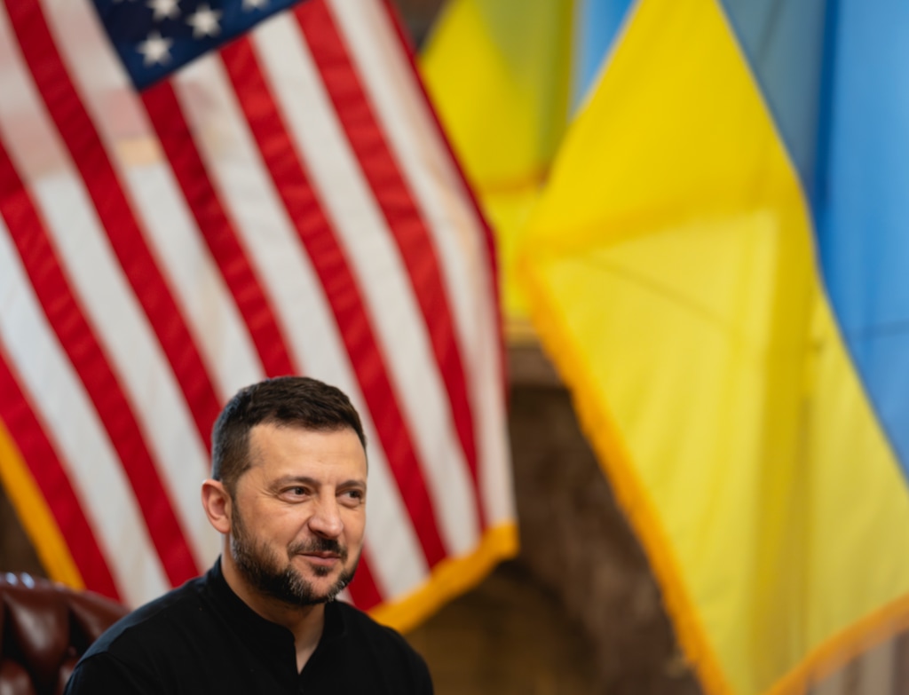 (Cheriss May | The New York Times) President Volodymyr Zelenskyy of Ukraine during a meeting with House Speaker Mike Johnson, R-La., on Capitol Hill in Washington, July 10, 2024.