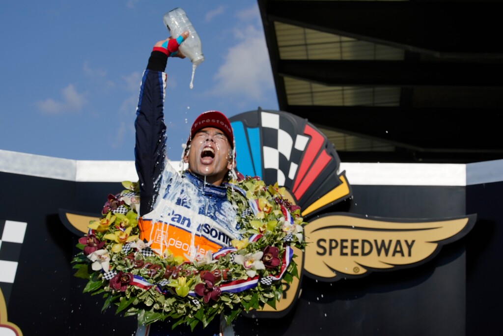 Takuma Sato, of Japan, celebrates after winning the Indianapolis 500 auto race at Indianapolis Motor Speedway, Sunday, Aug. 23, 2020, in Indianapolis. (AP Photo/Michael Conroy)