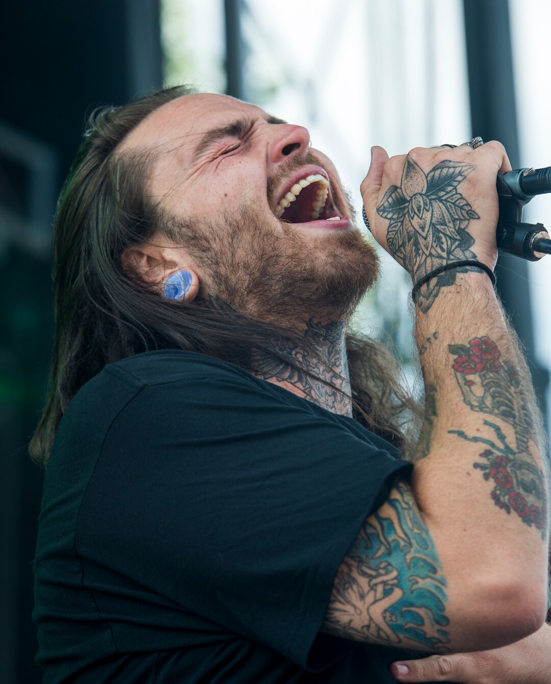 (Rick Egan  |  The Salt Lake Tribune)      Iya Terra lead guitarist and vocalist Nathan Feinstein sings, at the Reggae Rise Up Music Festival, at the Rivers Edge near Heber City. Saturday, Aug. 25, 2018.