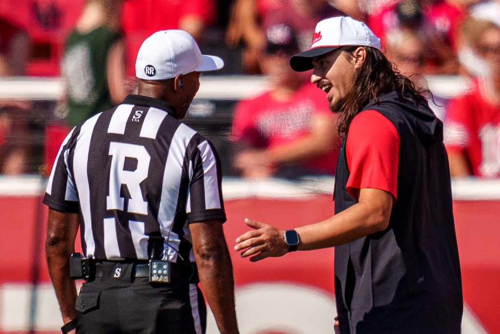 (Trent Nelson  |  The Salt Lake Tribune) Utah Utes quarterback Cameron Rising (7) talks to officials in the second half as the Utah Utes host the Baylor Bears, NCAA football in Salt Lake City on Saturday, Sept. 7, 2024.