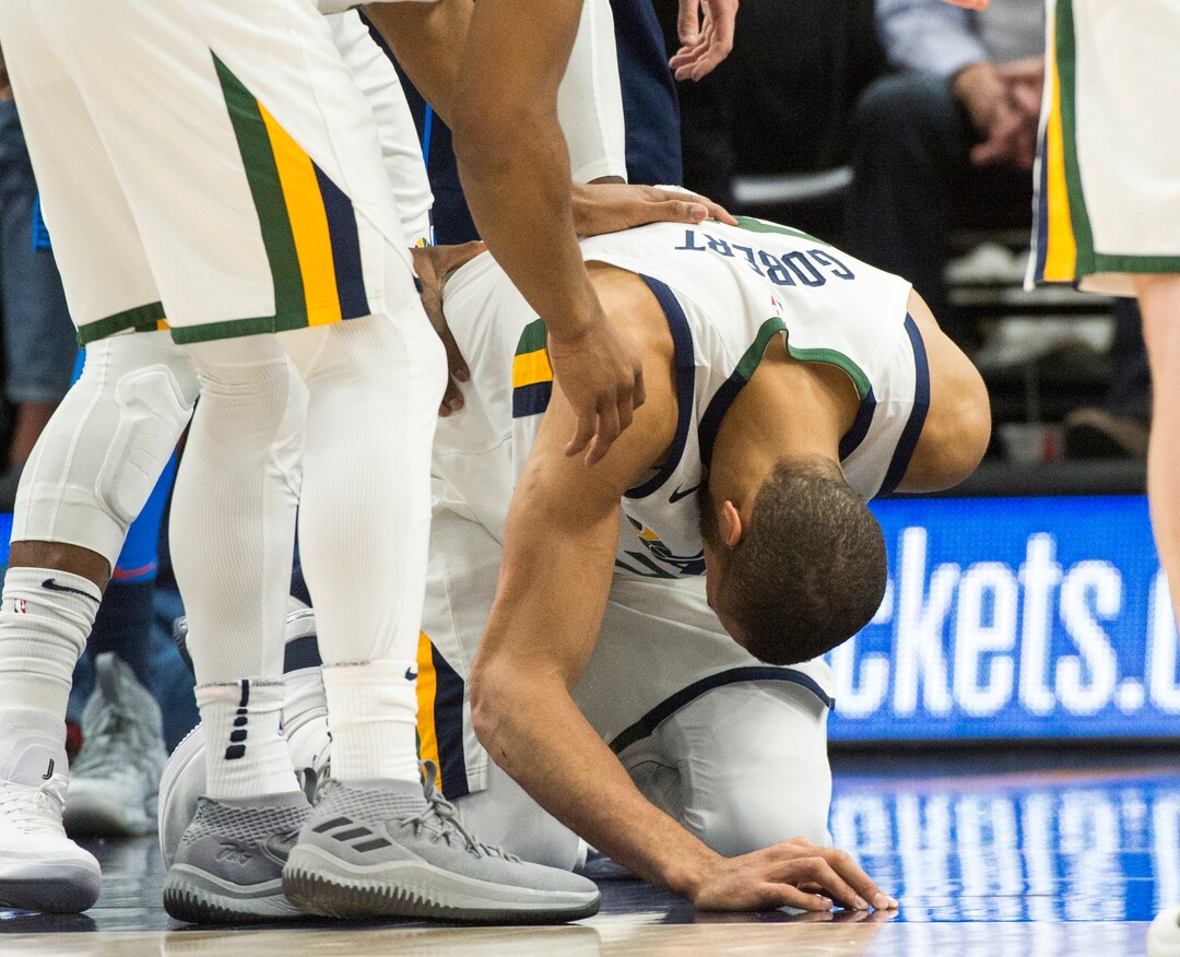 (Rick Egan  |  The Salt Lake Tribune)    Utah Jazz center Rudy Gobert (27) reacts after being fouled, in game 4, NBA playoff action between Utah Jazz and Oklahoma City Thunder, in Salt Lake City, Monday April 23, 2018.
