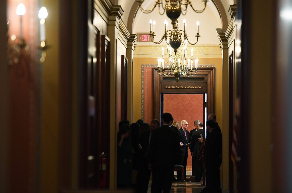 Senate Majority Leader Mitch McConnell, R-Ky., is seen after Senate Republicans met prior to a vote on Monday. MUST CREDIT: Washington Post photo by Matt McClain