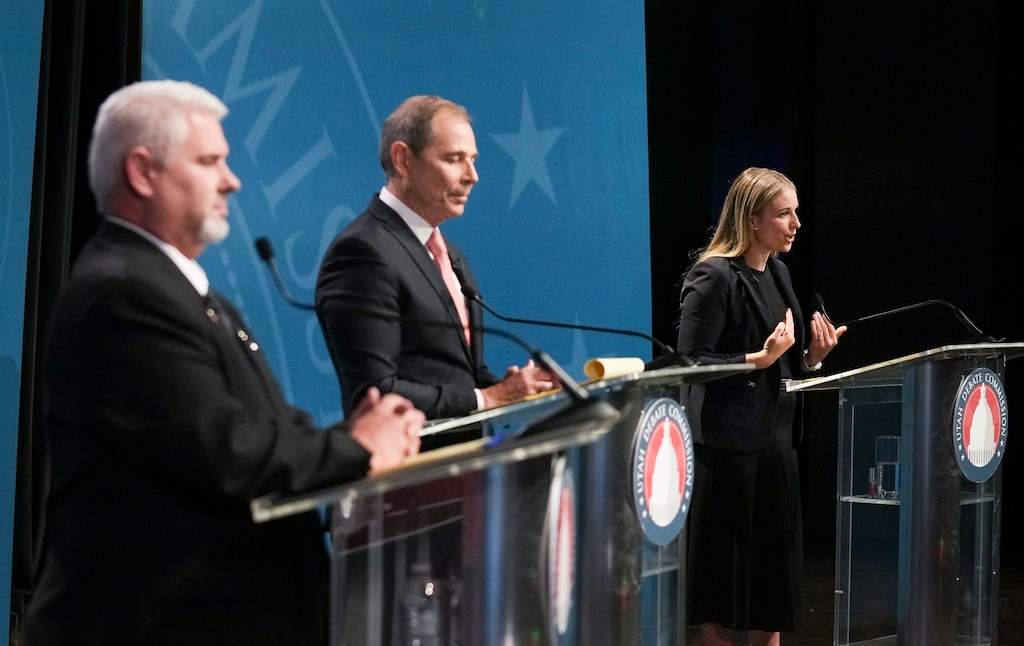 (Bethany Baker  |  The Salt Lake Tribune) Democratic candidate Caroline Gleich, right, answers a question during the congressional Senate debate at Weber State University in Ogden on Thursday, Oct. 10, 2024.