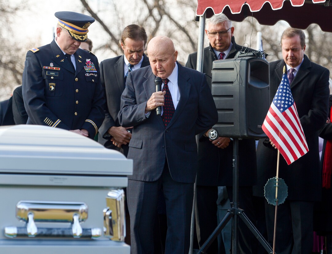 (Leah Hogsten  |  The Salt Lake Tribune)  Samuel Steven Lower gives the dedication at his brotherÕs funeral. World War II airman Max W. Lower is buried with full military honors and a military aircraft flyover on Saturday, November 23, 2019, the Lewiston City Cemetery, 77 years after he was deployed overseas. Lower, a radio operator on a B-24 Liberator bomber, was killed when the plane was shot down Aug. 1, 1943, over Ploiesti, Romania. The Lewiston native was 23.