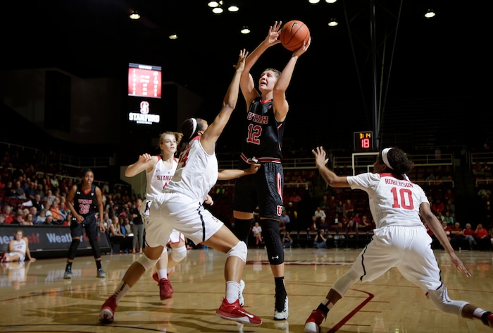 Utah forward Emily Potter (12) shoots against Stanford during the first half of an NCAA college basketball game Friday, Jan. 8, 2016, in Stanford, Calif.  (AP Photo/Marcio Jose Sanchez)