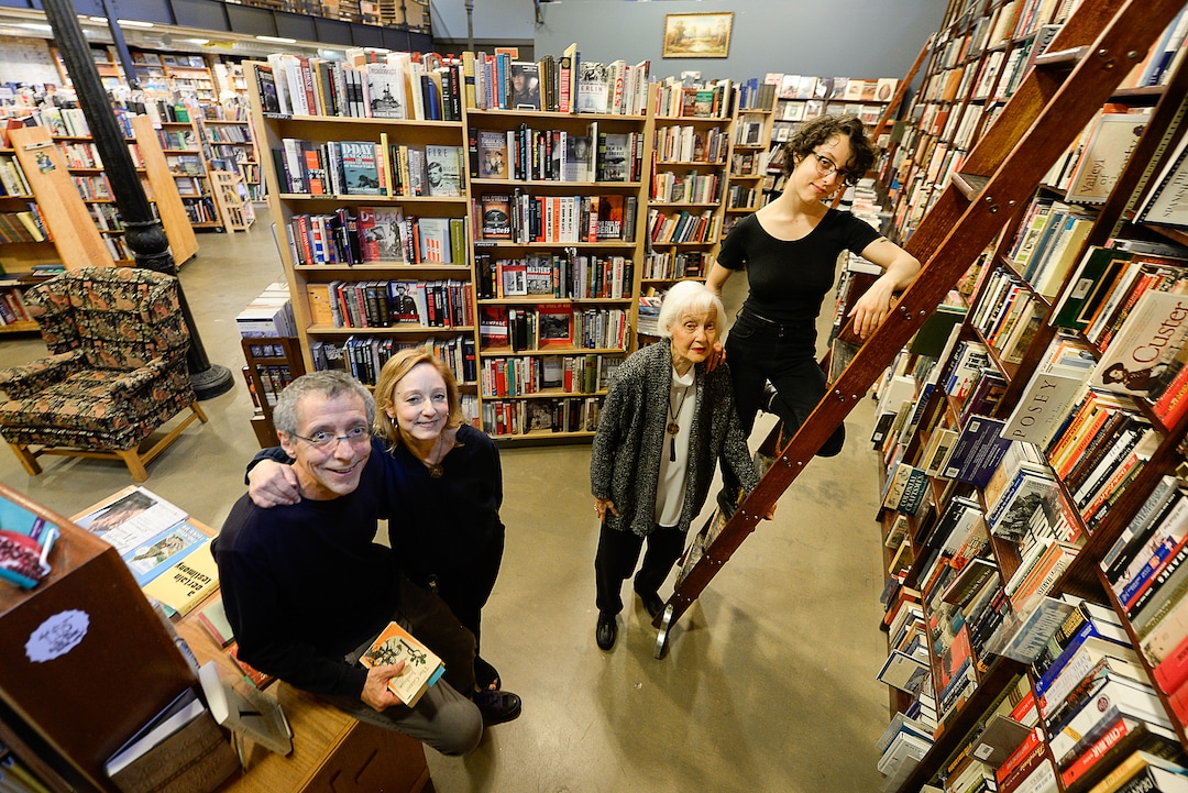 (Francisco Kjolseth | The Salt Lake Tribune)  With Weller Book Works in Trolley Square — formerly Zion Bookstore and Sam Weller's Bookstore downtown — turning 90 years old this month, three out of four generations of the book store owners, including Tony and Catherine Weller, left, along with Tony's mother Lila, 103, and their daughter Lila Ann, gather at the store in Trolley Square on Friday, Aug. 9, 2019.
