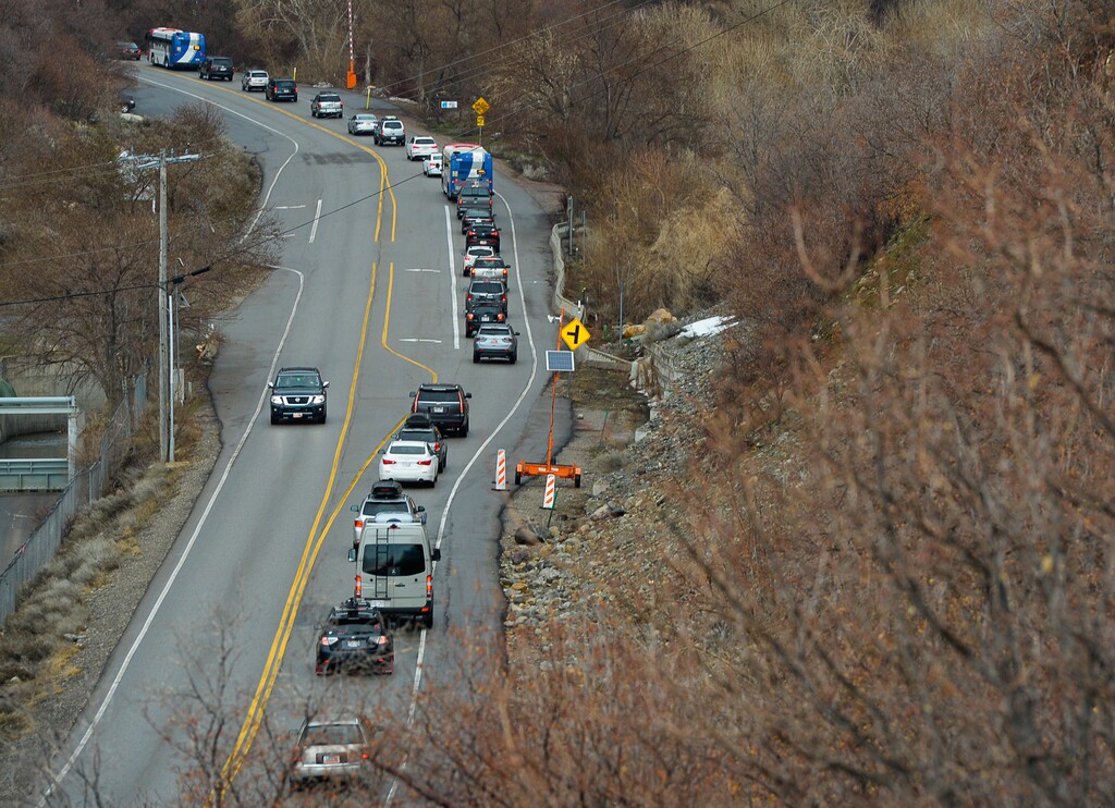 (Francisco Kjolseth  |  The Salt Lake Tribune)  The ski slopes in Big Cottonwood canyon draws a steady stream of heavy traffic, slowing the line of cars during a recent weekend morning.