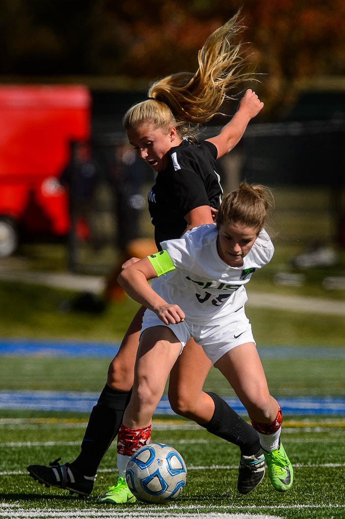 (Trent Nelson | The Salt Lake Tribune) Syracuse's Caroline Stringfellow (35) with the ball during the Class 6A girls' soccer state semifinal between Bingham and Syracuse in Draper, Tuesday October 17, 2017.