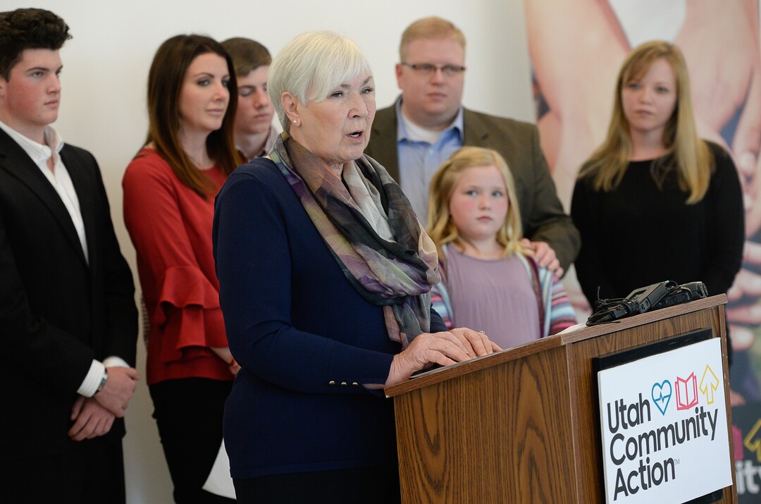 (Francisco Kjolseth  |  The Salt Lake Tribune)  Gail Miller expresses her optimism surrounding her family's $10 million matching grant while surrounded by individuals and organizational donors who have made notable donations large and small for future homeless resource centers. 