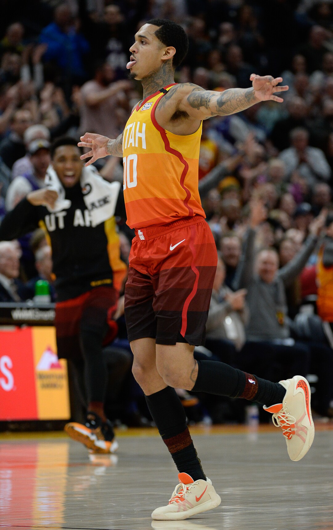 (Francisco Kjolseth  |  The Salt Lake Tribune) Utah Jazz guard Jordan Clarkson (00) celebrates a three pointer in the final minutes as the Utah Jazz host the Miami Heat in their NBA basketball game at Vivint Smart Home Arena in Salt Lake City on Wednesday, Feb. 12, 2020.