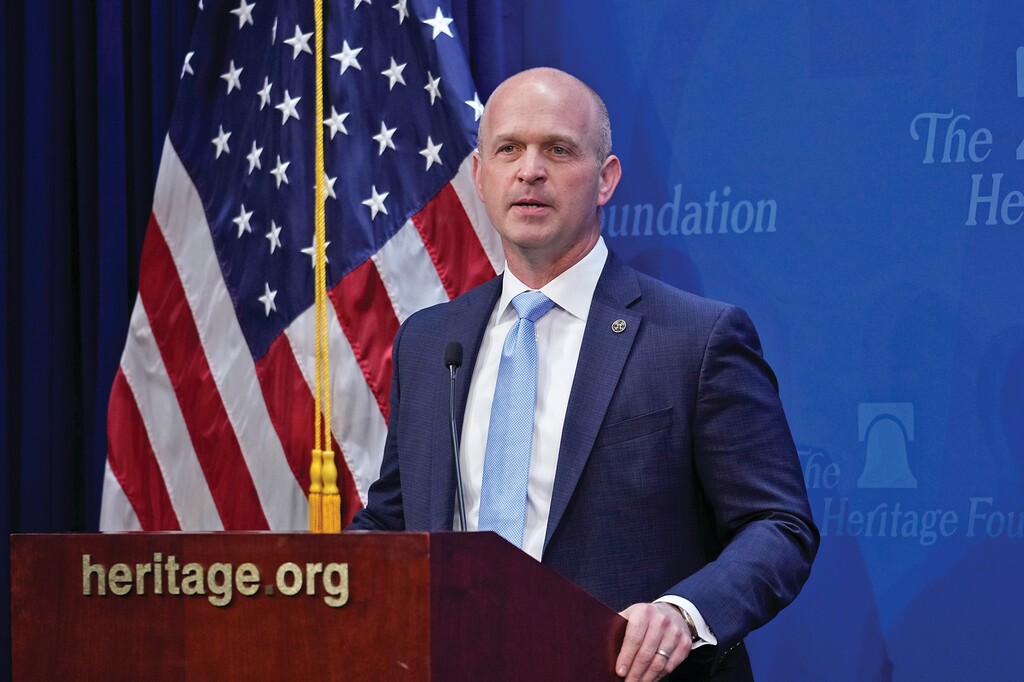 Kevin Roberts, president of The Heritage Foundation, is shown speaking at the conservative policy institute in Washington, Wednesday, April 12, 2023. (AP Photo/J. Scott Applewhite)