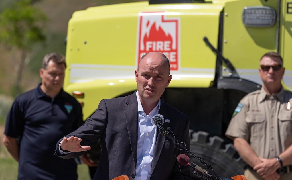 (Francisco Kjolseth | The Salt Lake Tribune) Governor Spencer Cox and interagency fire leadership ask everyone in Utah this summer to change their behaviors when outside, as they launch “Fire Sense”, a public service campaign designed to educate the public and empower them to make fire sense decisions that will drive down the number of human-caused wildfires. Gathered in City Creek Canyon on Wednesday, May 26, 2021, leadership launched a messaging campaign pinpointing how 100% of the state is in drought, with 90% of the state in extreme drought.