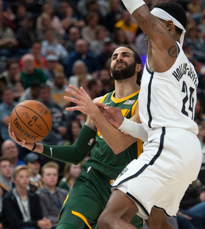 (Rick Egan  |  The Salt Lake Tribune)  Utah Jazz guard Ricky Rubio (3) tries to get a shot off, as Brooklyn forward Rondae Hollis-Jefferson (24) defends for the Nets, in NBA action between Utah Jazz and Brooklyn Nets, at  Vivint Smart Home Arena, Saturday, March 17, 2019.



