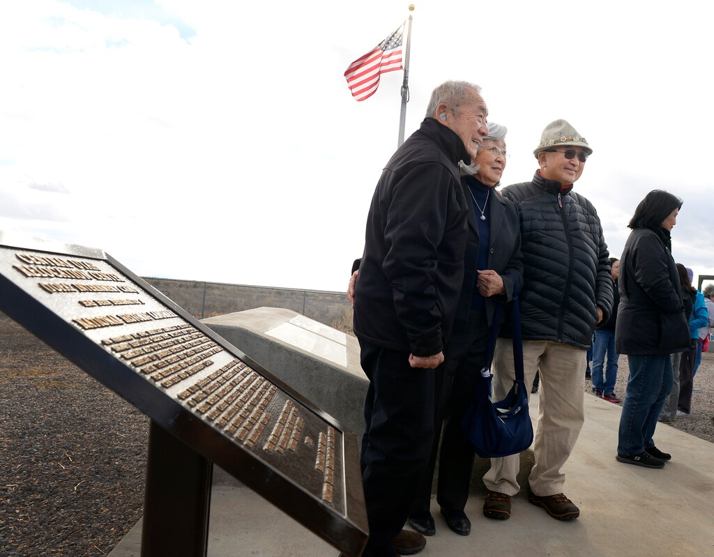 Leah Hogsten | The Salt Lake Tribune
l-r Japanese-Americans retired Judge Ray Uno, Jeanette Misaka and Jeff E. Itami lived at interment camps. Uno and Misaka lived at Heart Mountain, WY and Itami lived at the Minidoka, ID interment camp. To mark the day Day of Remembrance, February 19, 1942, the day President Roosevelt signed the order requiring Japanese Americans living along the West coast into inland internment camps, two busloads of members of the Japanese American Citizens League traveled from Salt Lake City to Delta, Saturday, February 21, 2015, to tour the Topaz Museum and the site of the former internment camp 16 miles to the northwest outside of Delta.