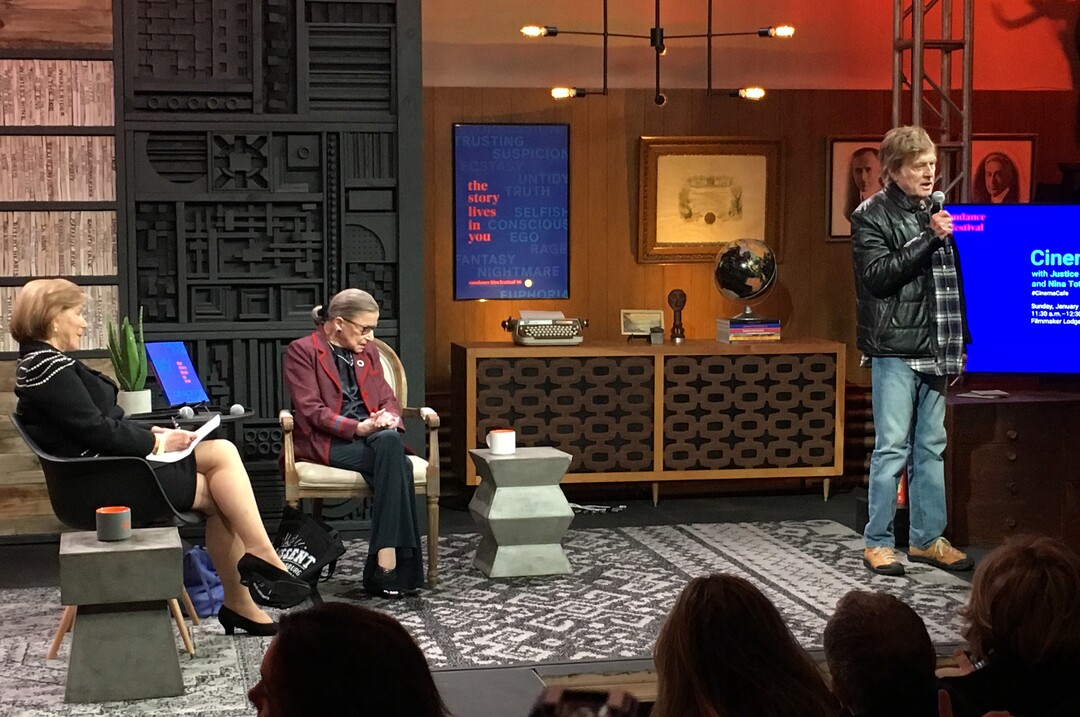 (Scott Sommerdorf   |  The Salt Lake Tribune)   Supreme Court Justice Ruth Bader Ginsburg, center, is introduced by Robert Redford prior to being interviewed at Sundance's Cinema Cafe by NPR's Nina Totenberg, in connection with the documentary "RBG", Sunday, January 21, 2018.