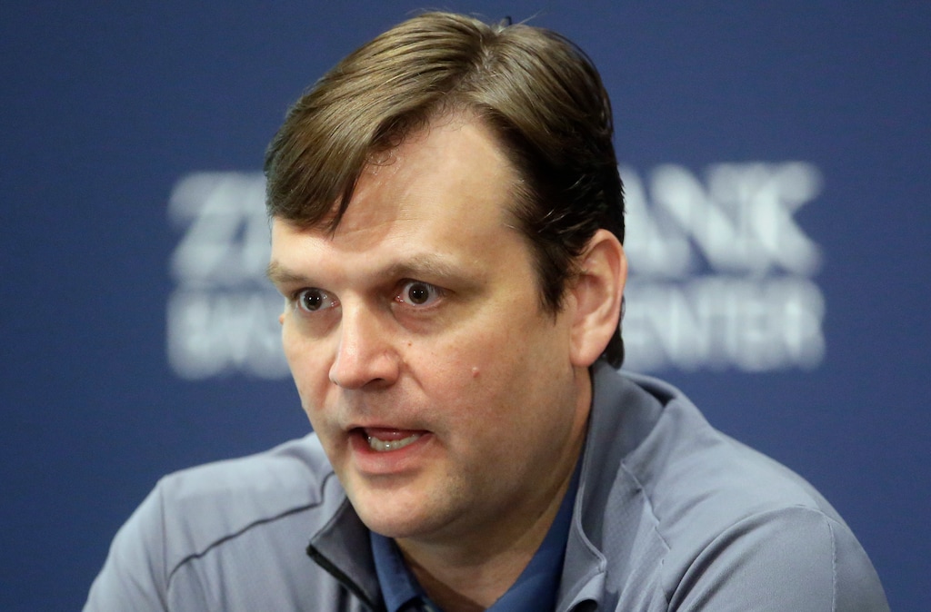 Utah Jazz general manager Dennis Lindsey speaks with reporters during the Jazz's end-of-season media availability Thursday, April 14, 2016, in Salt Lake City. (AP Photo/Rick Bowmer)